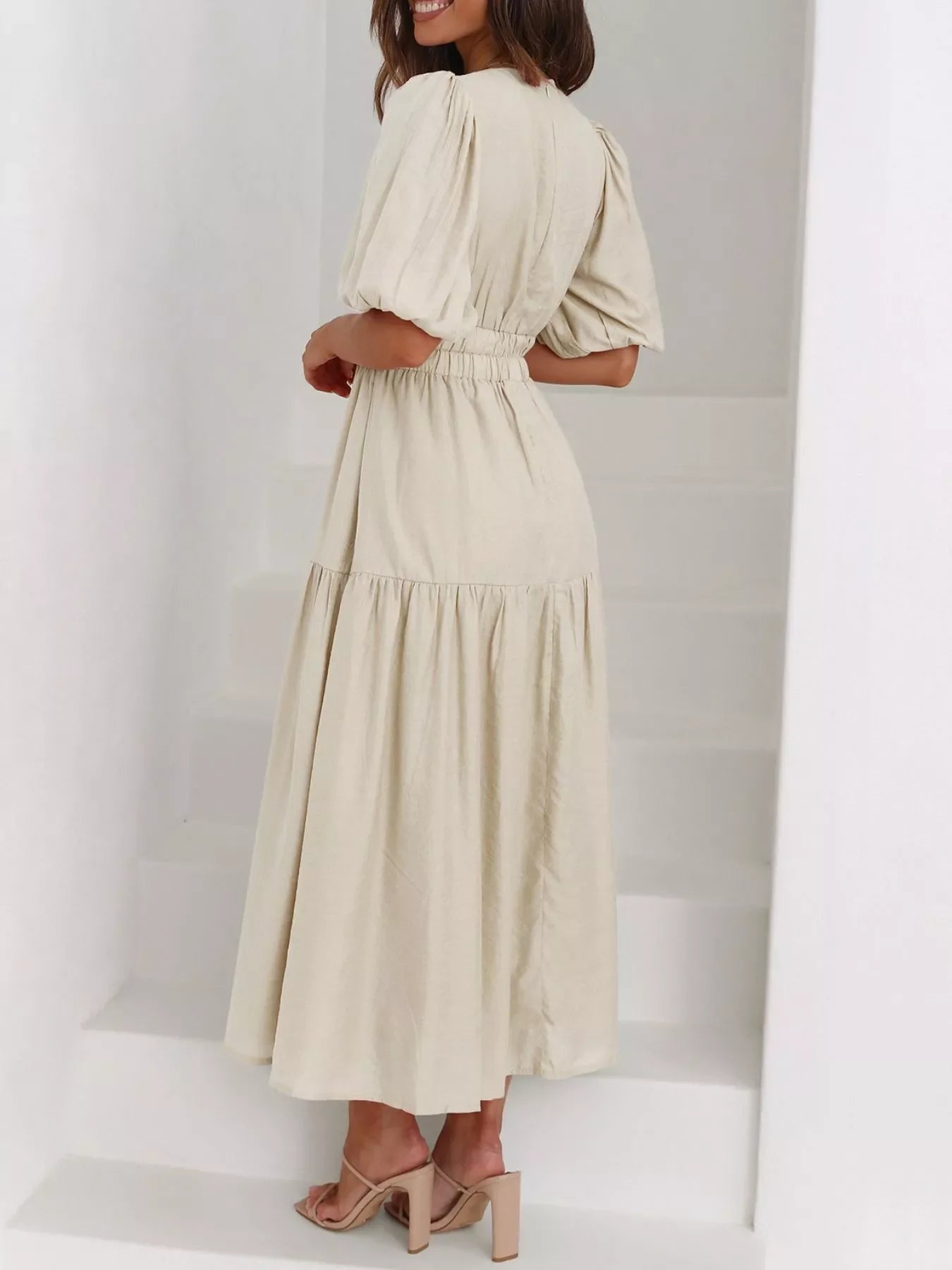 Elegant Puff Sleeve V-Neck Midi Dress