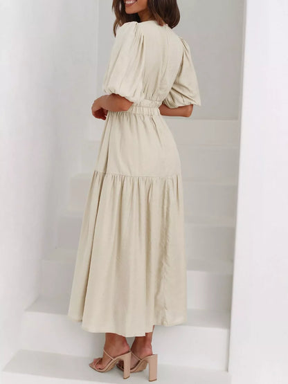 Elegant Puff Sleeve V-Neck Midi Dress
