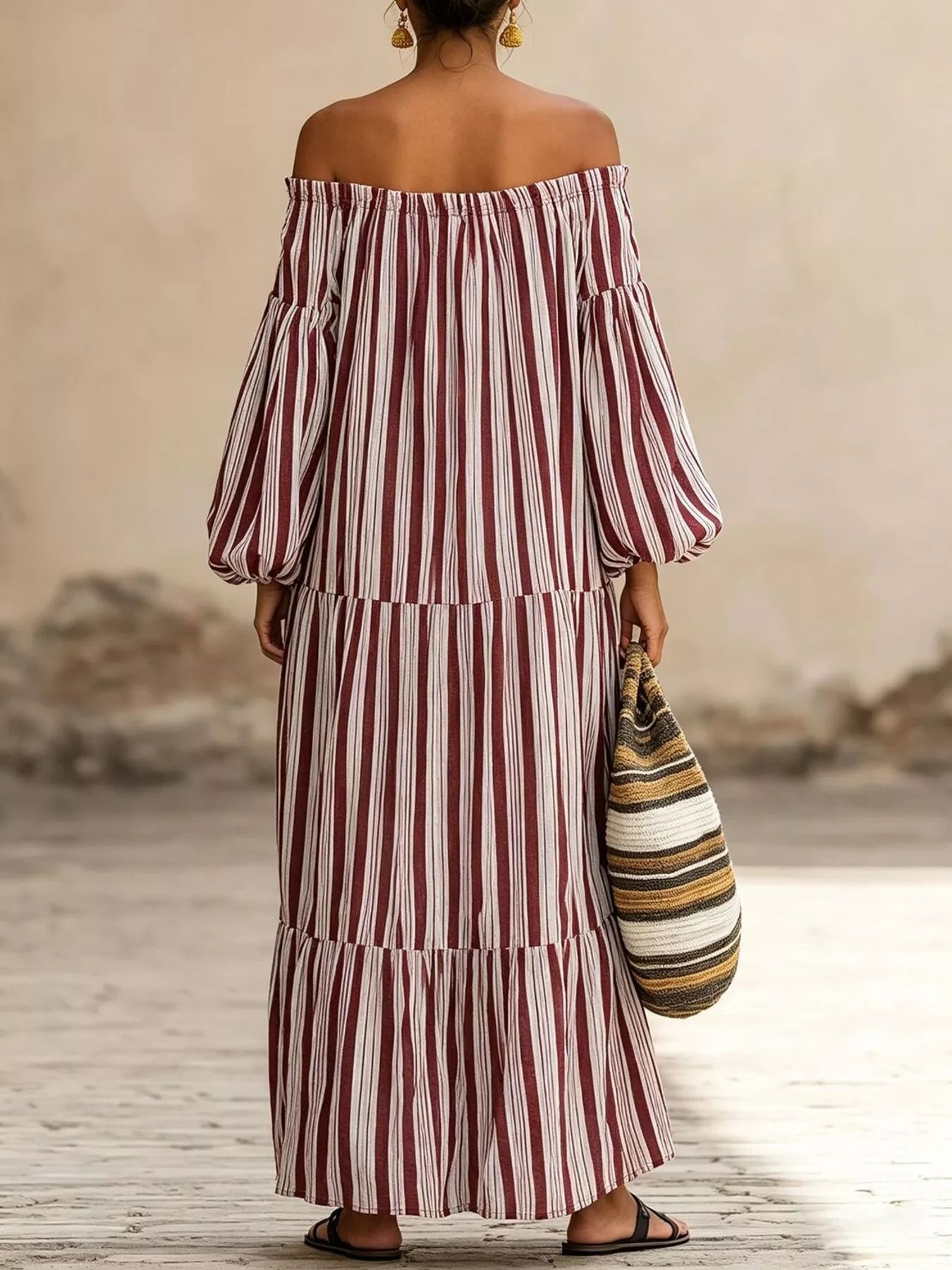 Off-Shoulder Striped Maxi Dress