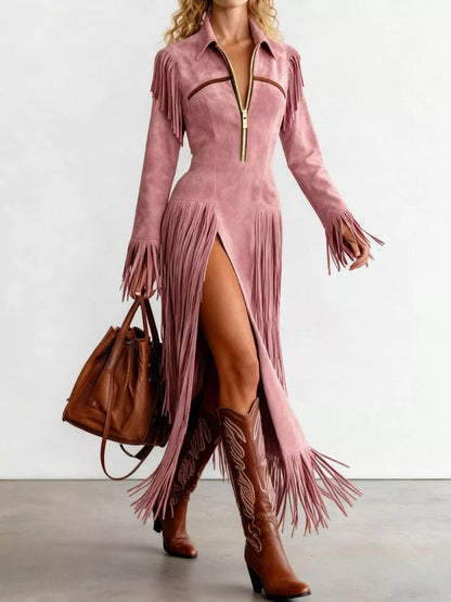 Fringed Suede Slit Dress
