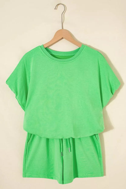 Solid Color Puffy Loose Top Drawstring Shorts 2pcs Outfit