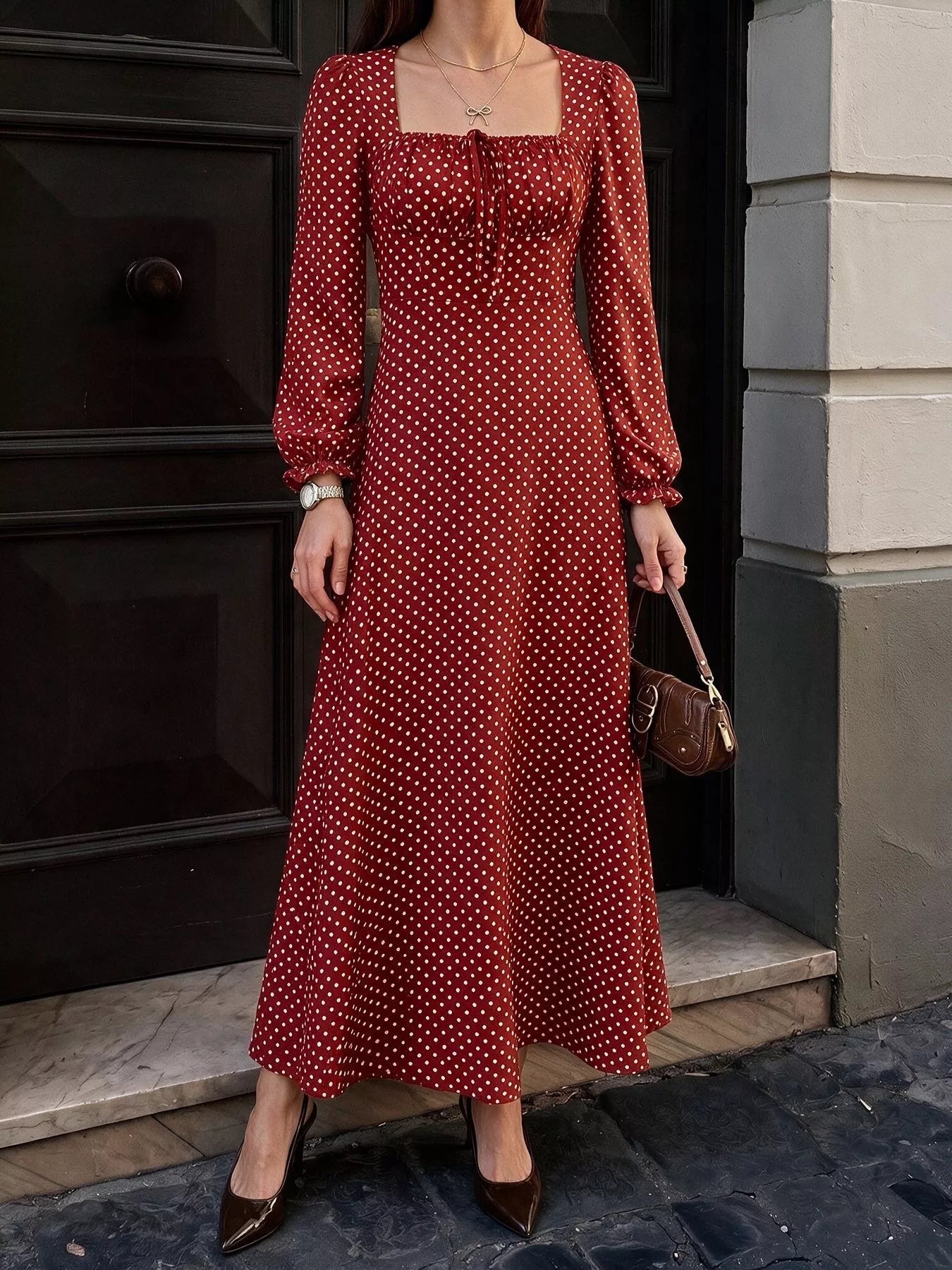 Square Neck Polka Dot Long Sleeve Maxi Dress
