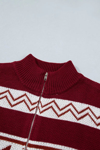 Geometric Pattern Zip-Up Knit Long Sleeve Regular Fit Cardigan
