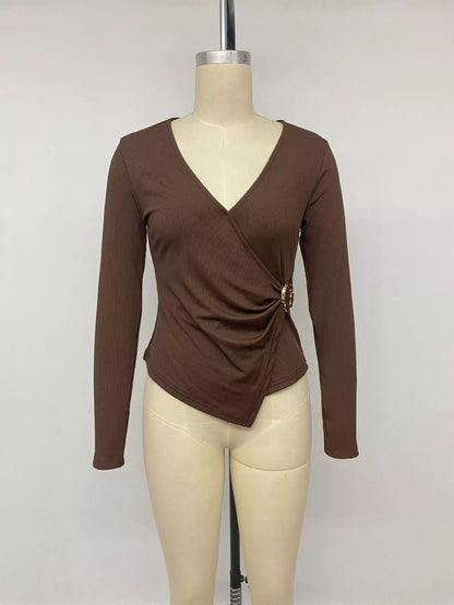 Metal Buckle Detail Surplice T-Shirt