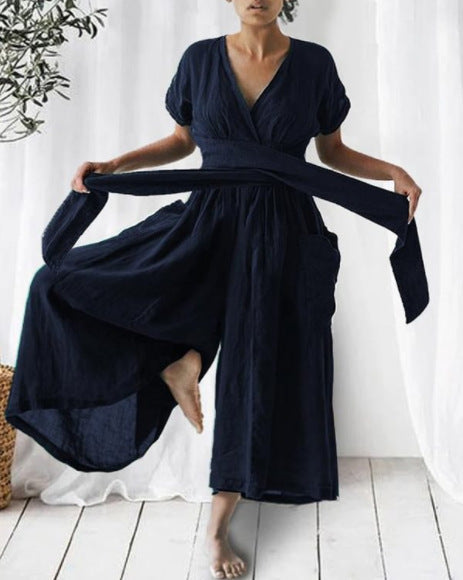 Short Sleeved Solid Color Loose Casual Jumpsuit