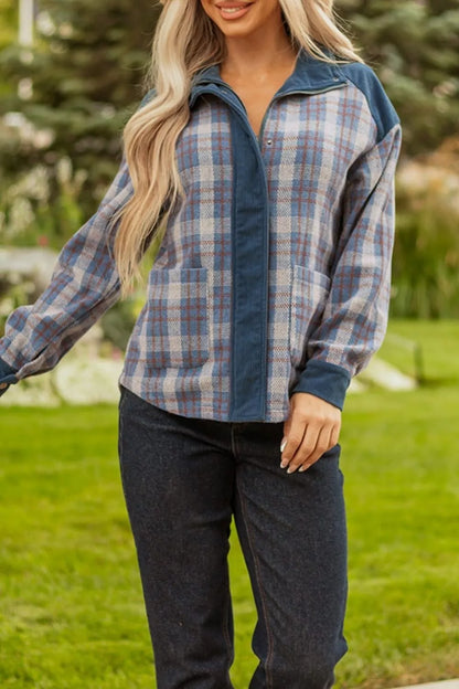 Plaid Corduroy Patchwork Collared Zip Up Snap Button Jacket