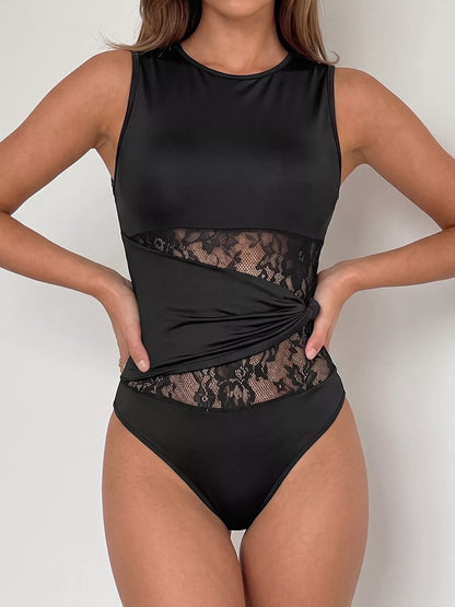 Sheer Lace Panel Sleeveless Bodysuit