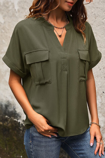 Blue Zone Planet | Pocketed Notched Short Sleeve Blouse