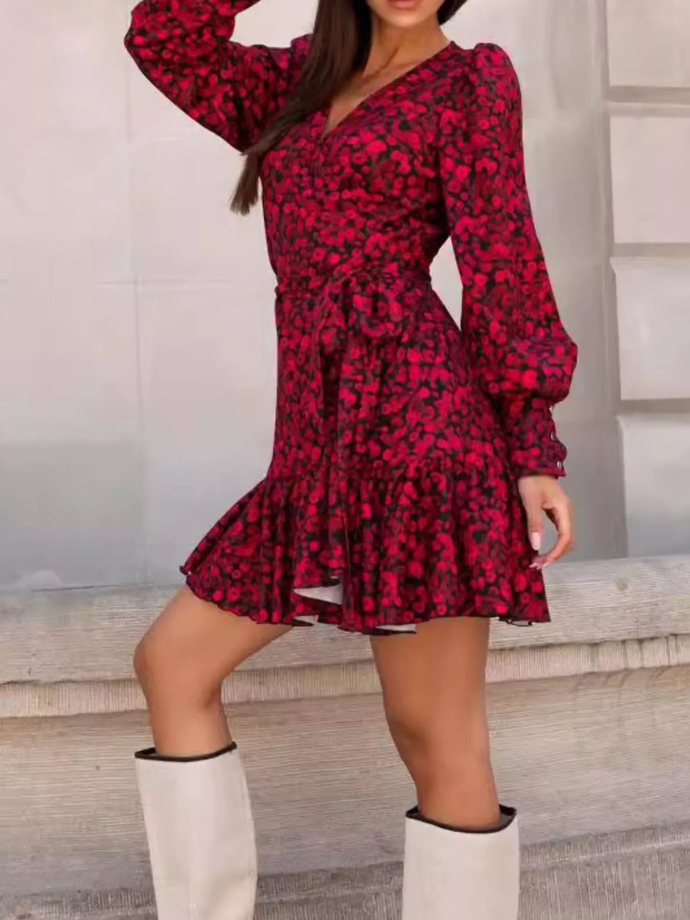 Printed Surplice Long Sleeve Wrap Mini Dress