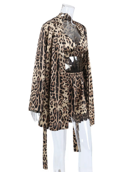 Leopard Bra & Cardigan and Shorts Set