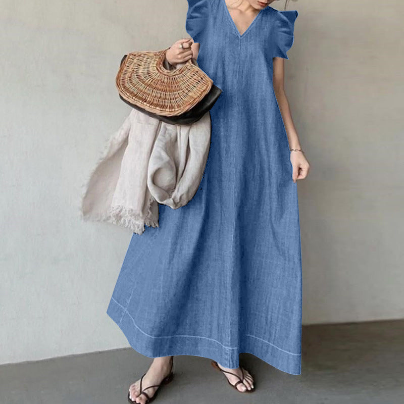 A-Line Oversized V-neck Ruffled Sleeve Dress