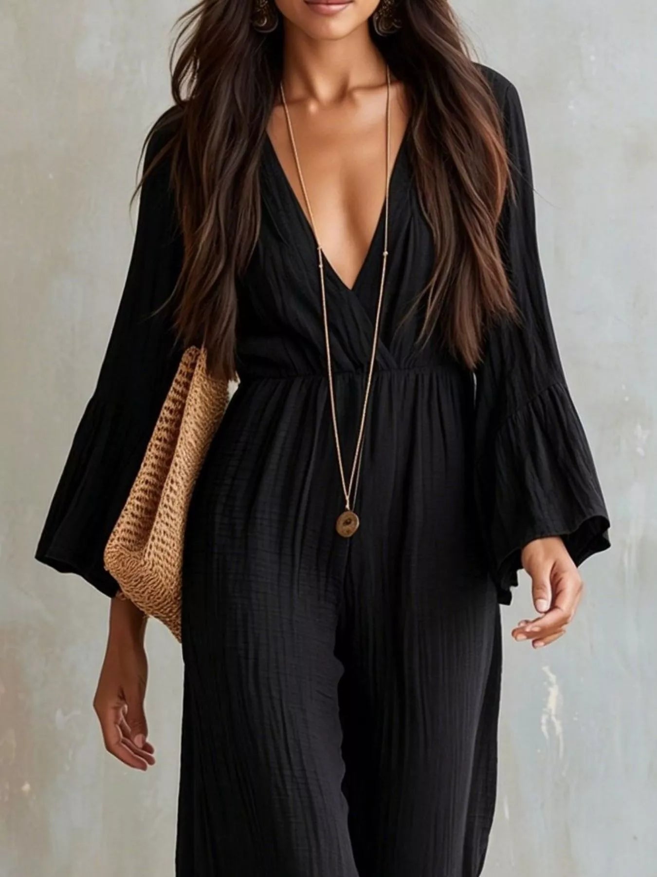 Textured Flare Sleeve Jumpsuit
