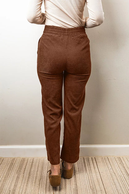 Elastic Waist Straight Leg Ankle Length Corduroy Pants