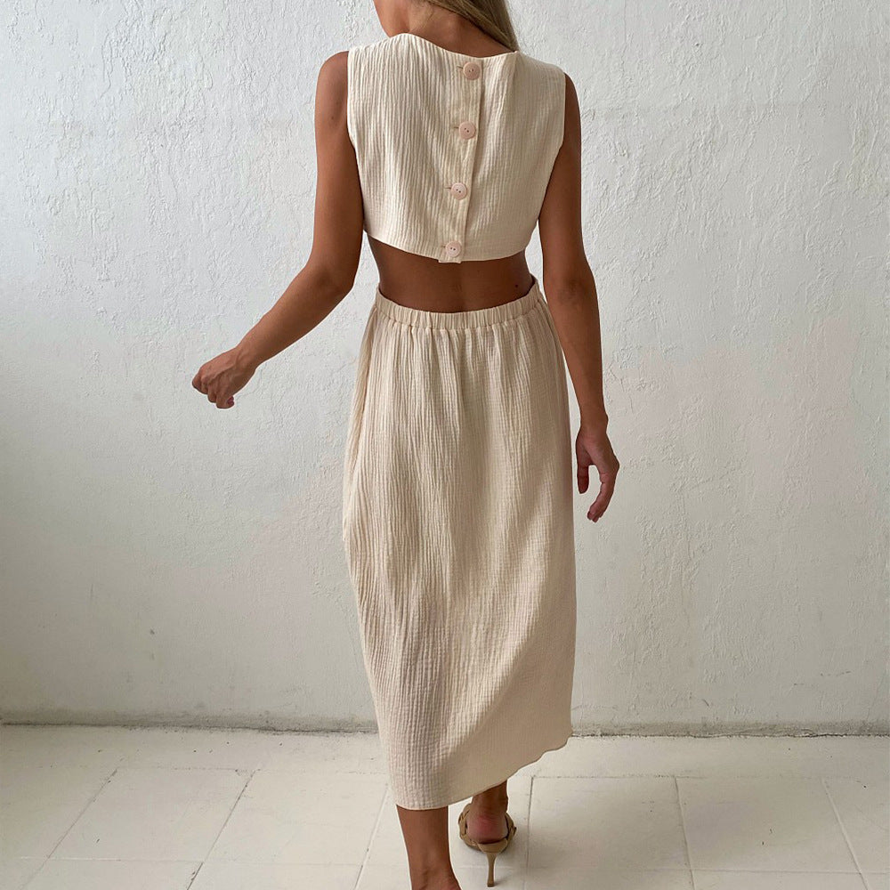 Casual Back Single-breasted Open-waist Design Vesset Dress