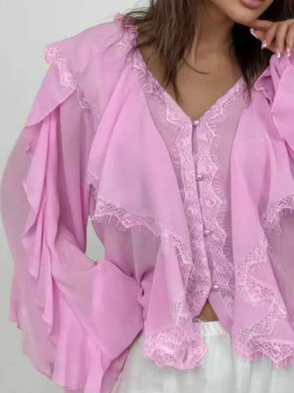 V-Neck Ruffled Lace Trim Blouse