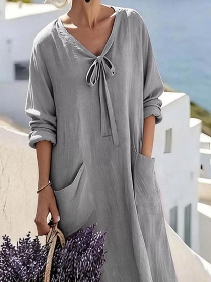 Full Size Long Sleeve Loose Maxi Dress with Pockets Plus Size