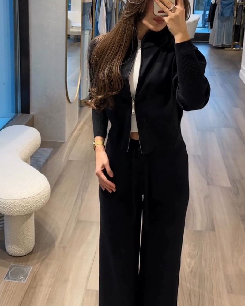 Casual Comfortable Solid Color Knitted Jacket & Pants Two-Piece Set