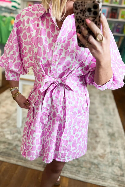 Abstract Leopard Print Tie Waist Puff Sleeve Mini Shirt Dress