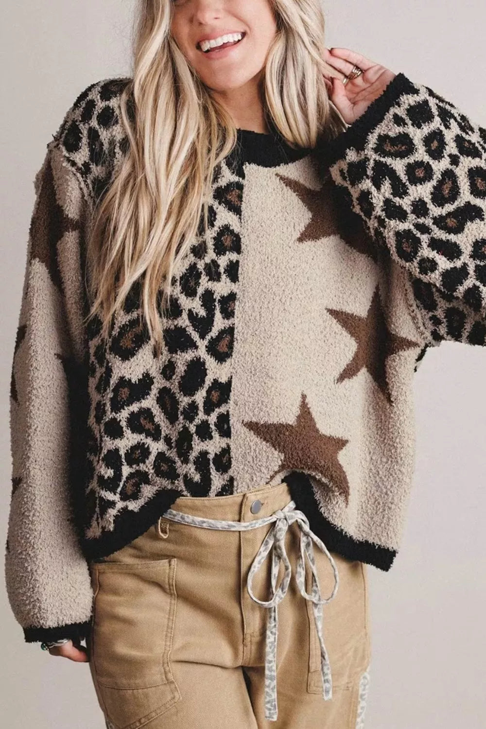 Leopard Star Pattern Round Neck Long Sleeve Shift Sweater