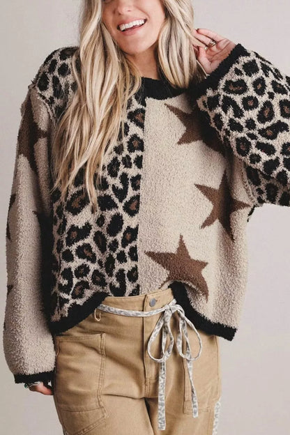 Leopard Star Pattern Round Neck Long Sleeve Shift Sweater