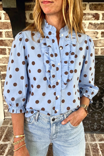Fiery Red Polka Dot Striped Print Ruffle Stand Neck 3/4 Sleeve Shift Shirt