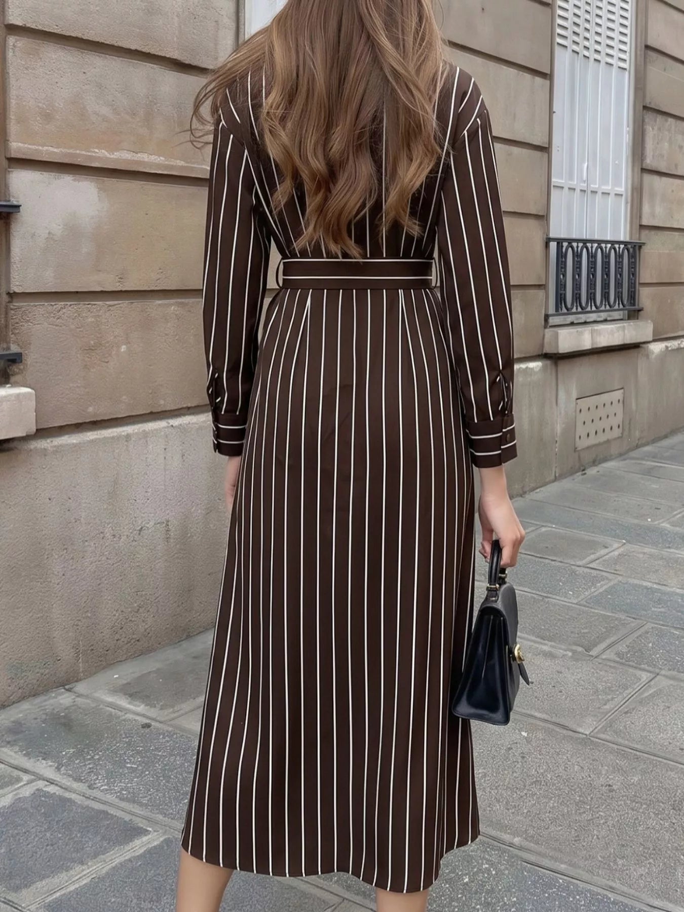 Striped Long Sleeve Belted Shirt Dress