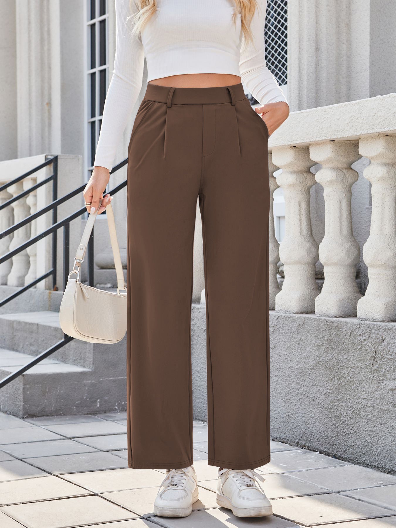 Pantalon de jogging plissé décontracté pour femme, coupe droite, taille haute, facile à laver