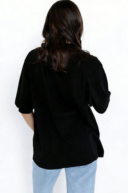 Black Solid Color High Neck Oversize Tee