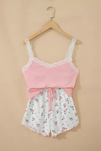 Ribbed Knit Lace Straps Patchwork Lettuce Hem Cropped Top Floral Short Lounge Set