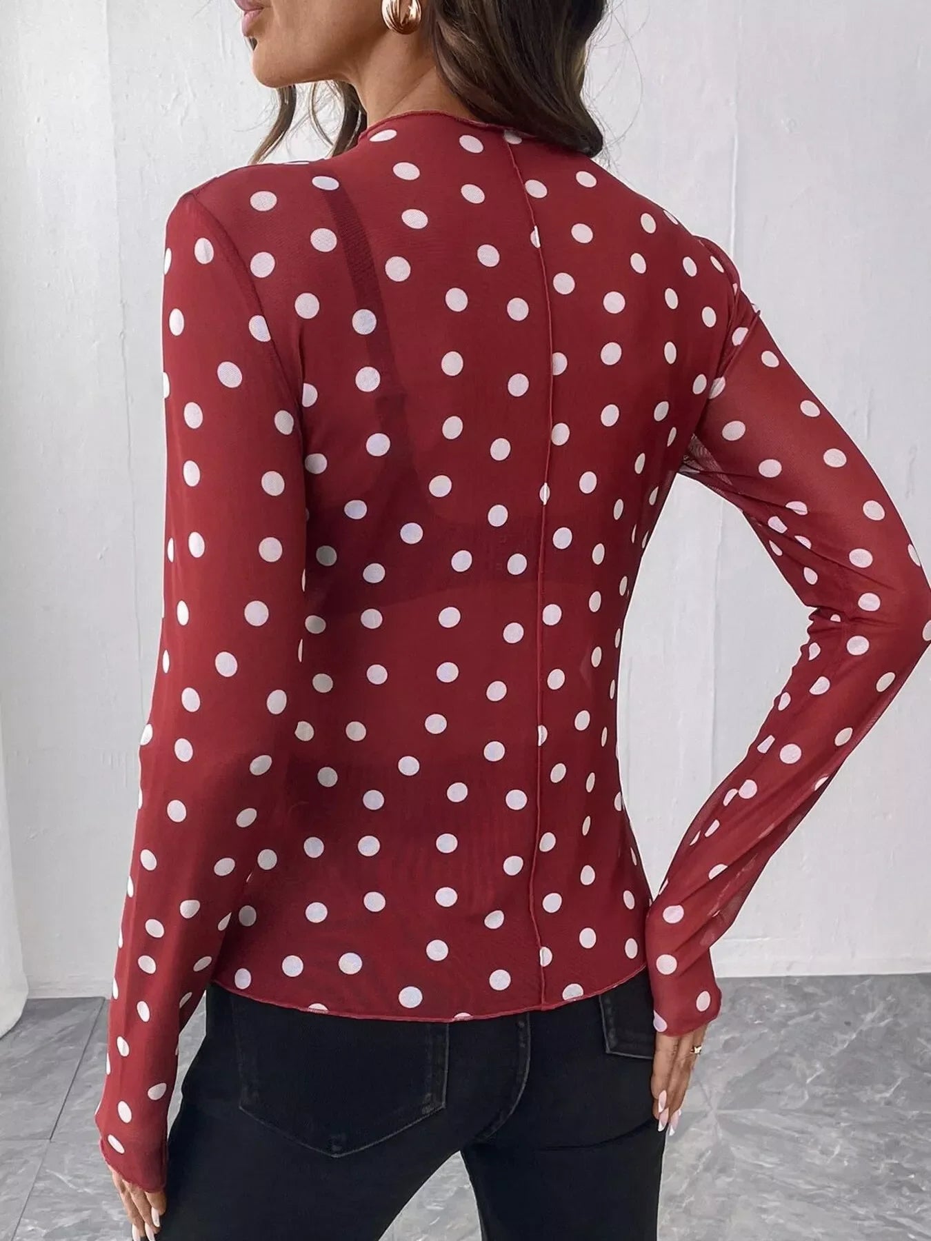 Sheer Polka Dot Long Sleeve Mock Neck Top