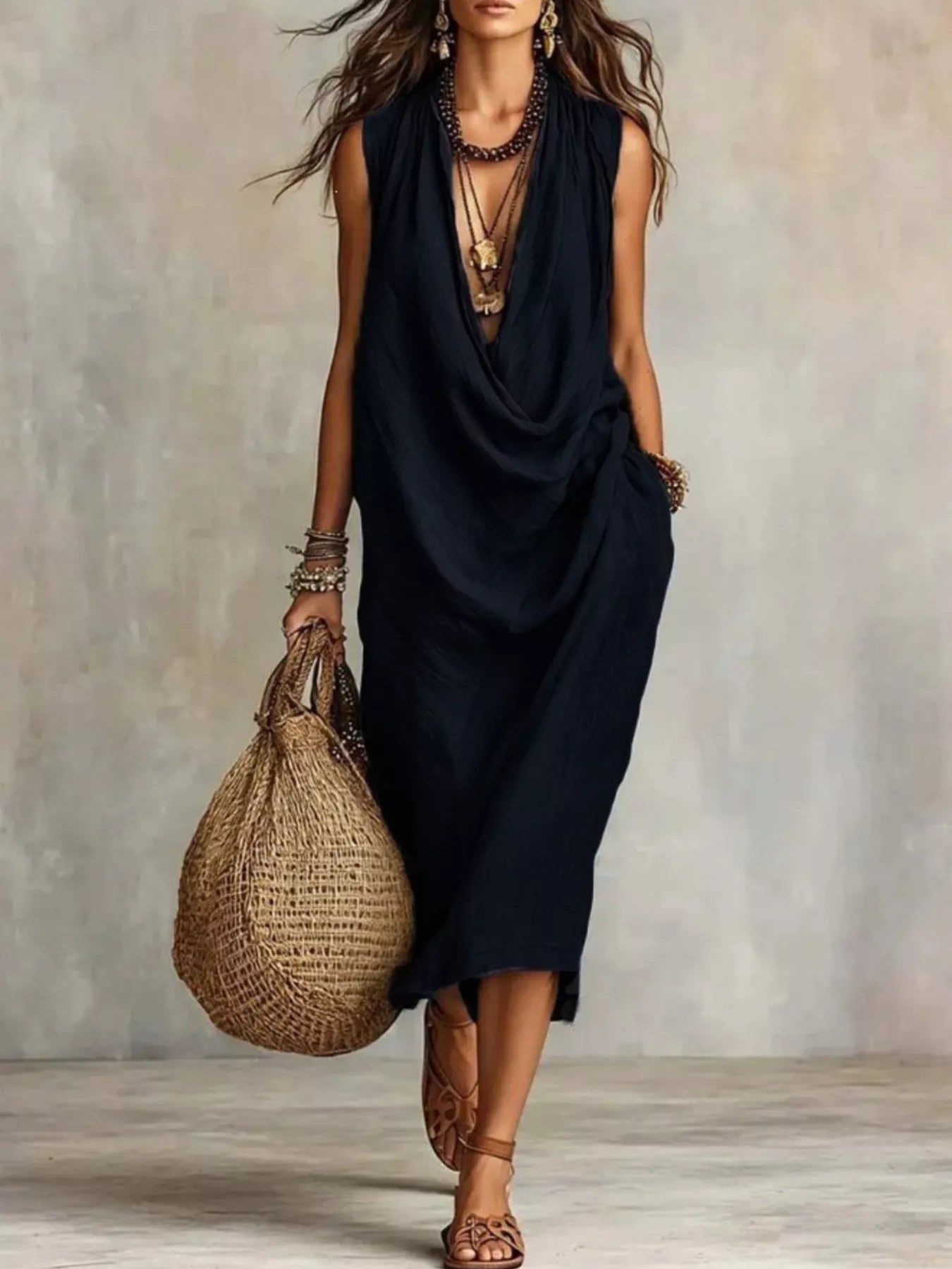 Full Size Cowl Neck Sleeveless Midi Dress Plus Size
