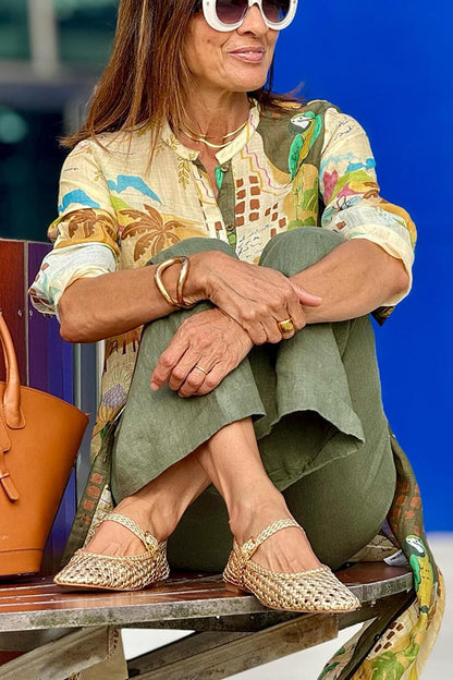 Robe chemise mi-longue boutonnée à manches longues et imprimé unique en lin mélangé Cayla