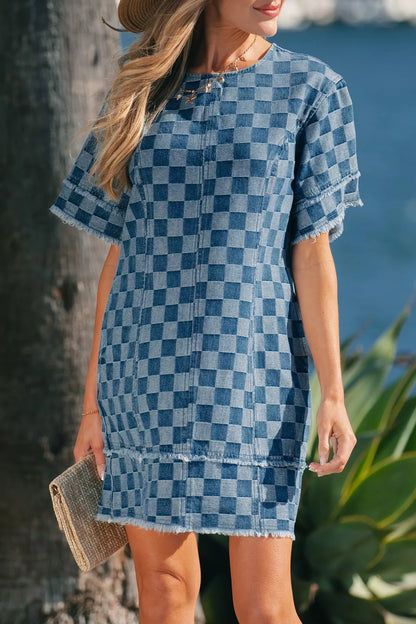 Frayed Hem Checkered Denim Mini Dress