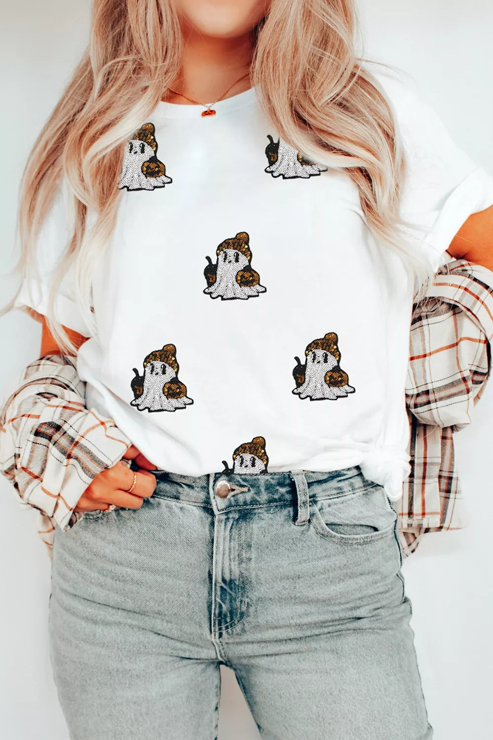 Full Size Halloween Sequin Ghost Print Short Sleeve Casual T-Shirt Plus Size