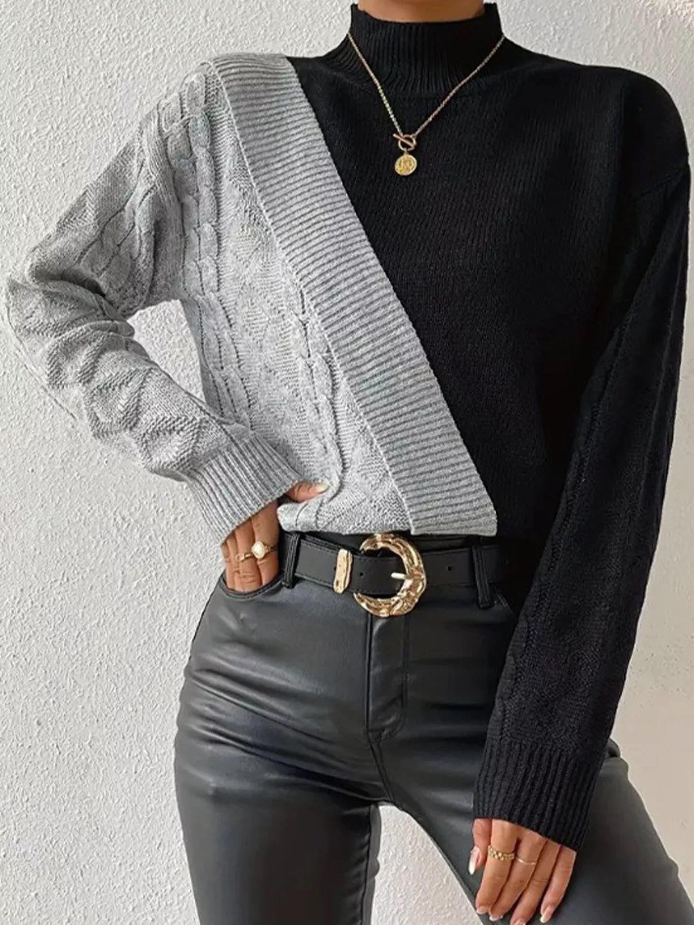 Color Block Cable Knit Mock Neck Sweater