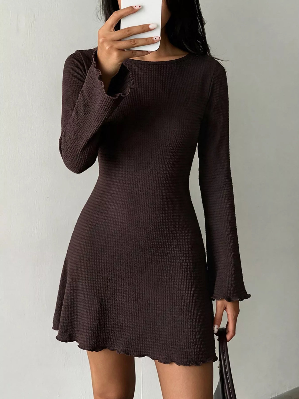 Long-Sleeve Waffle Knit Bodycon Mini Dress