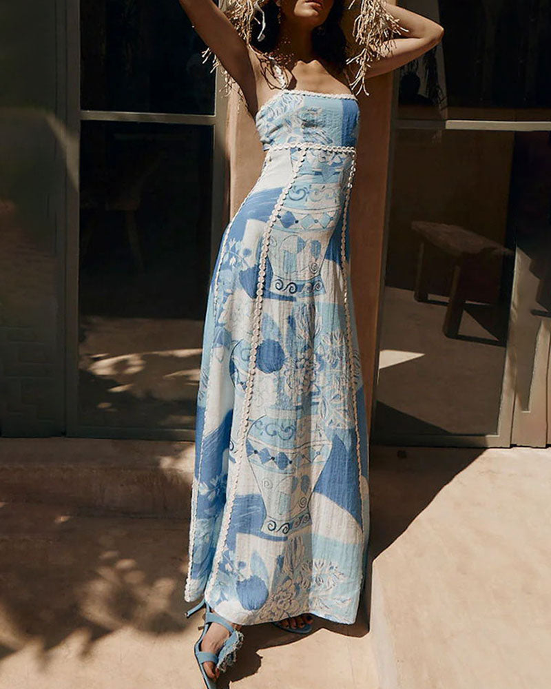 Vacation backless printed suspender dress