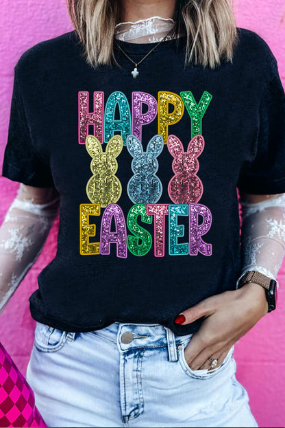 Black Glittering Bunny Happy Easter Graphic T Shirt