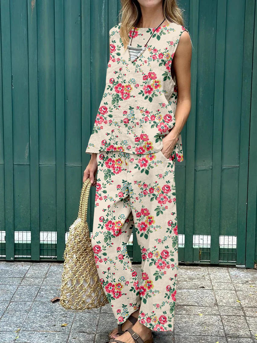 Casual Floral Vest & Pants Two-Piece Set