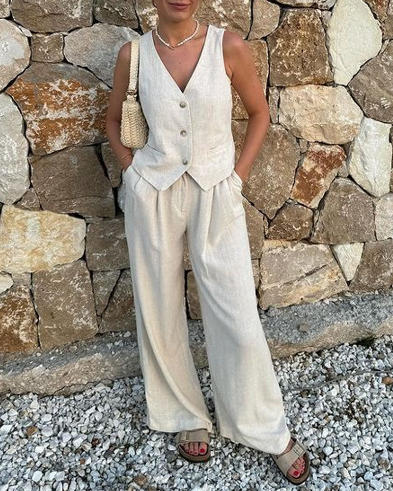 Casual Cotton And Linen Vest & Pants Two-piece Set