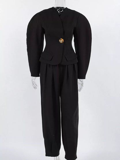 Puffy Sleeve Blazer and Wide-Leg Pants Set