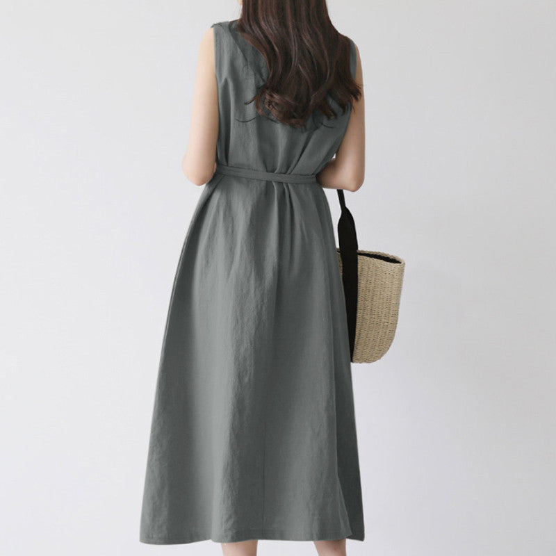 Casual Sleeveless Belted Cotton Dress