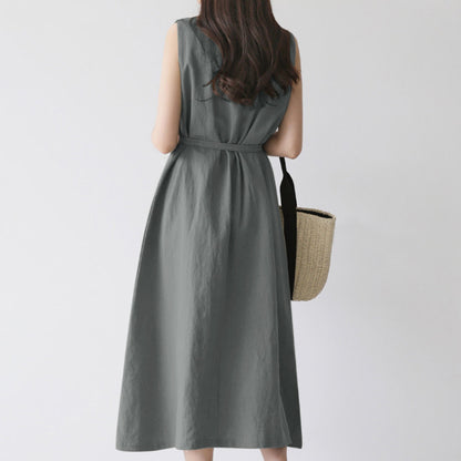 Casual Sleeveless Belted Cotton Dress