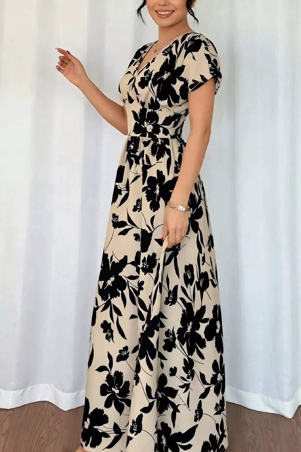 Floral Print Short Sleeve A-Line Maxi Dress