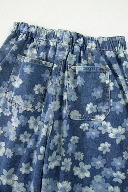 Dainty Floral Printed Drawstring Barrel Jeans