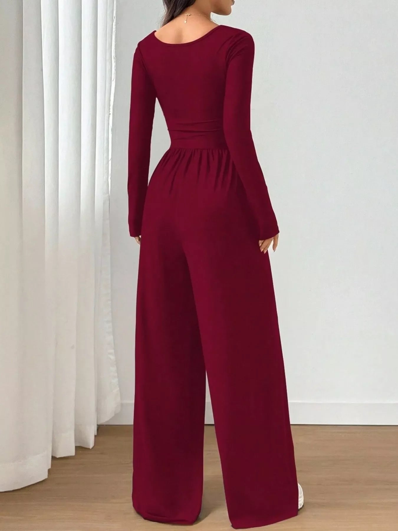 Ruched Square Neck Wide-Leg Jumpsuit