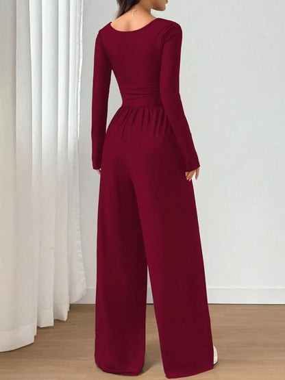 Ruched Square Neck Wide-Leg Jumpsuit
