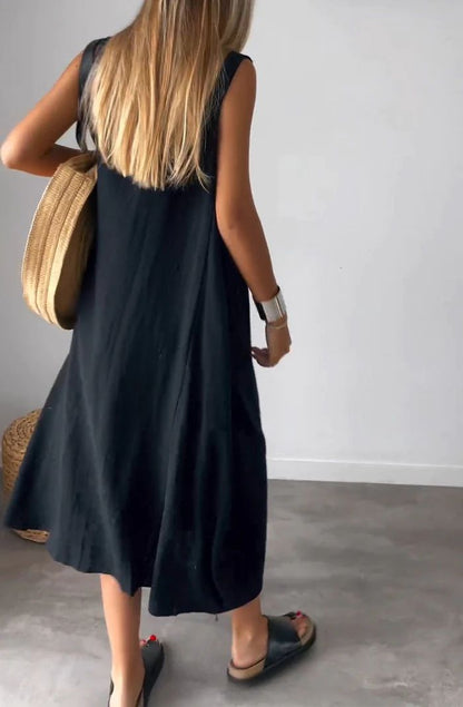 Casual Cotton And Linen Solid Color Pocket Long Sleeveless Dress