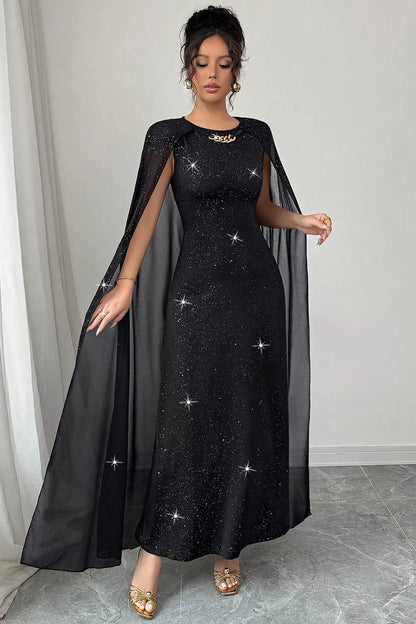 Glitter Cape-Sleeve Maxi Dress