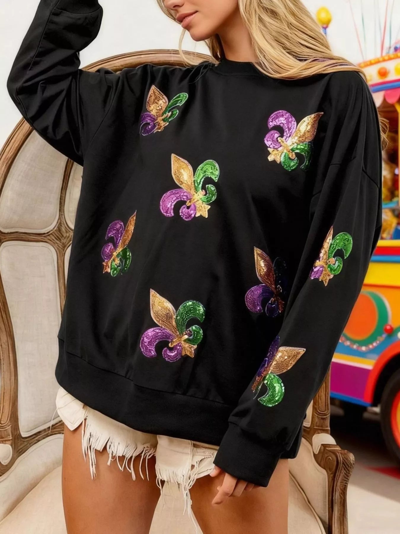 Mardi Gras Sequin Crew Neck Sweatshirt